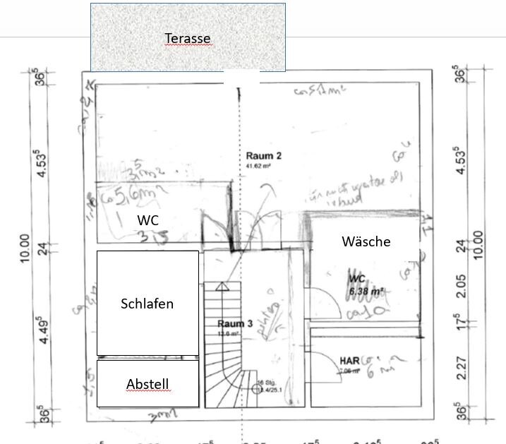 Grundriss eines Hauses mit Terrasse oben, Schlafen, Abstell, WC, HAR, Wäsche und Raum 2/3.