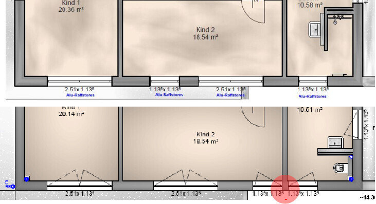 Grundrissplan mit zwei Ebenen, Kinderzimmer, Bad und Fluren, Maßangaben