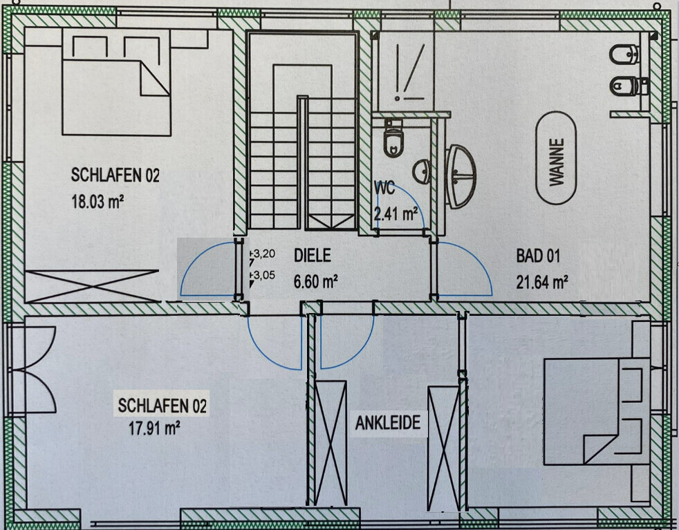 Grundriss eines Innenraums: zwei Schlafzimmer, Diele, Bad, WC, Ankleide, Wanne und Treppe.