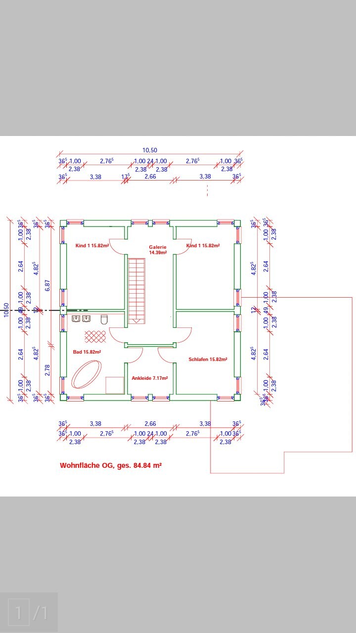 Detaillierter Architekten-Grundriss der oberen Etage mit Schlafzimmer, Ankleide, Bad und Galerie
