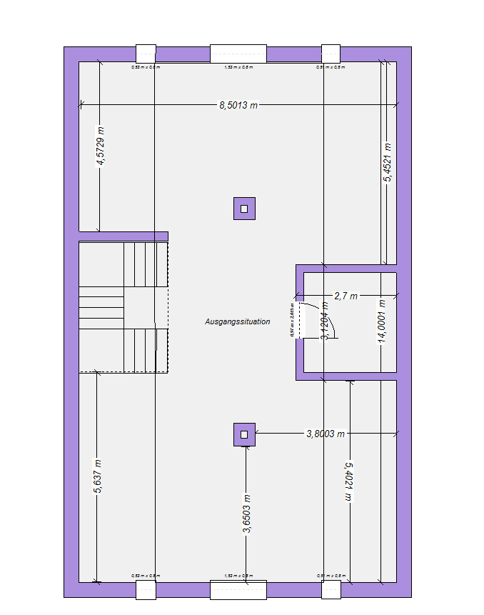 2D-Grundriss eines Hauses mit Außenwand, Treppen und Maßlinien