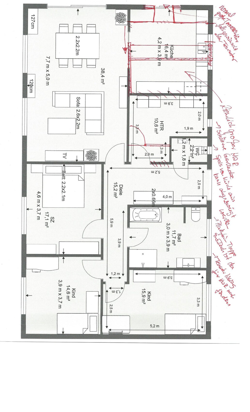 Grundriss einer Wohnung: Wohnzimmer mit Sofa und TV, Küche, Flur, Bad, Schlafzimmer, Kinderzimmer.