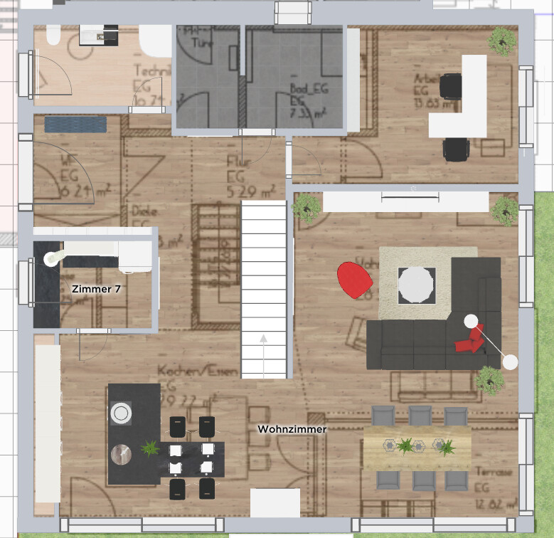 Grundriss eines Hauses mit Wohnzimmer, Küche/Essen, Arbeitszimmer, Zimmer 7 und Terrasse.