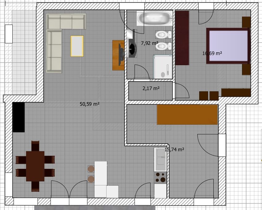 Grundriss eines Appartements: offenes Wohnzimmer/Essbereich, Küche mit Insel, Bad und Schlafzimmer.
