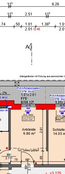 Grundriss eines Schlafzimmers mit Ankleide und Maßen sichtbar.