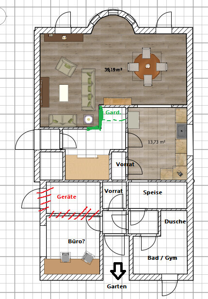 2D Grundriss eines Hauses mit Wohnzimmer, Essbereich, Küche, Bad, Vorrat und Garten.