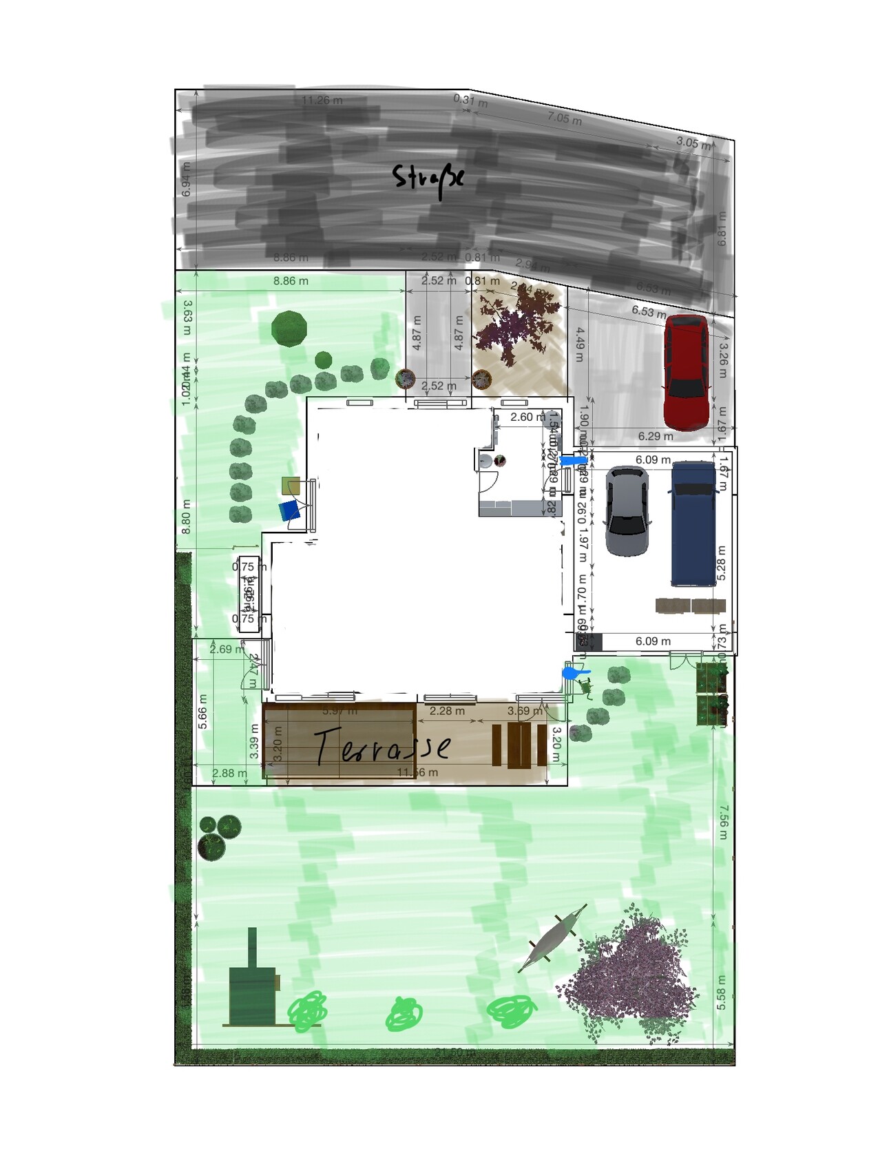 Lageplan eines Hauses mit Terrasse, Garten, Zufahrt und zwei Autos; Straße oben.