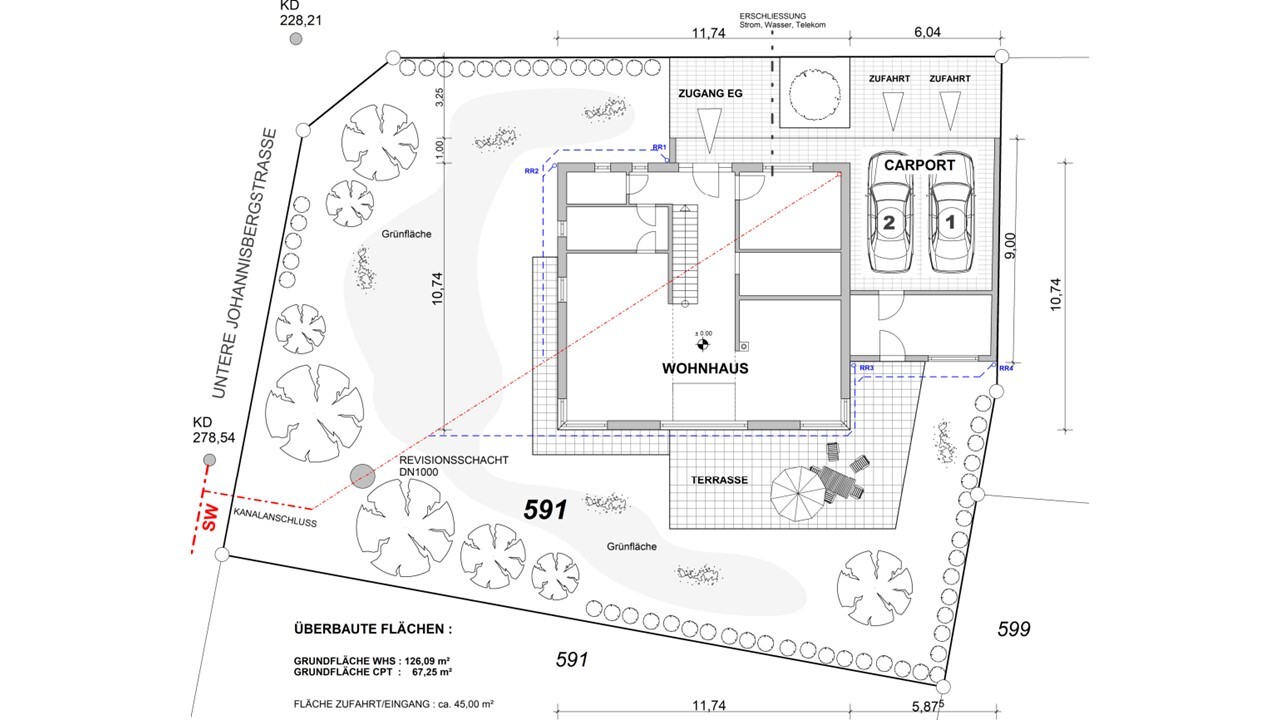 Grundriss eines Wohnhauses mit Terrasse, Carport und Gartenfläche, Lageplan
