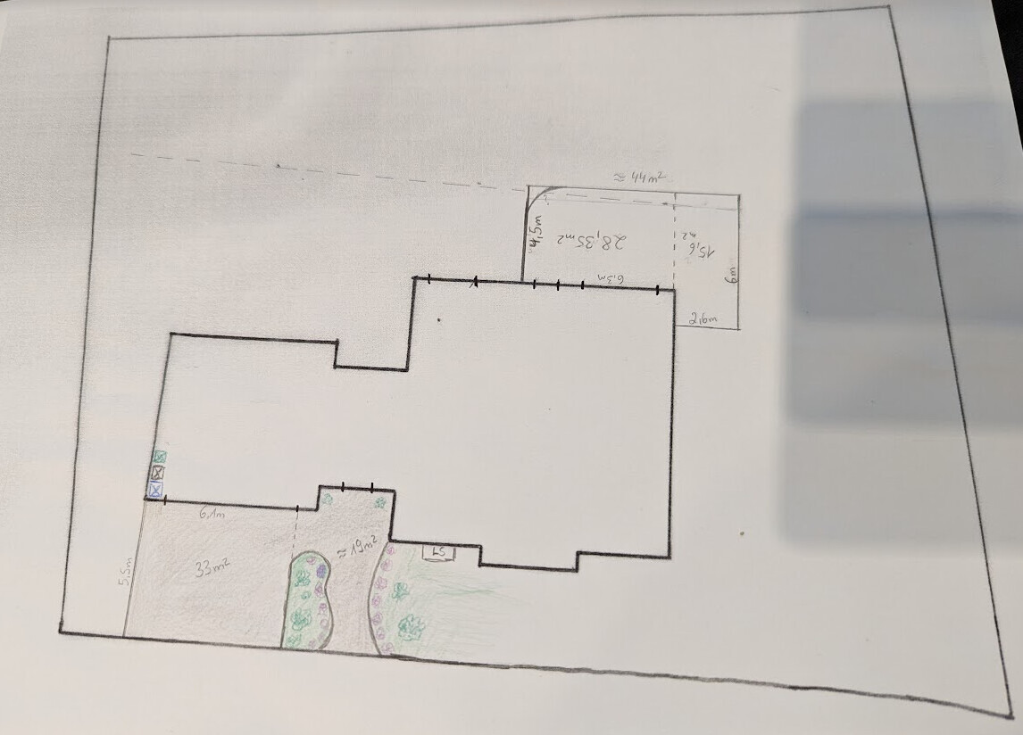 Lageplan eines Gebäudes auf Grundstück mit Garten, Terrasse rechts und Bäumen.