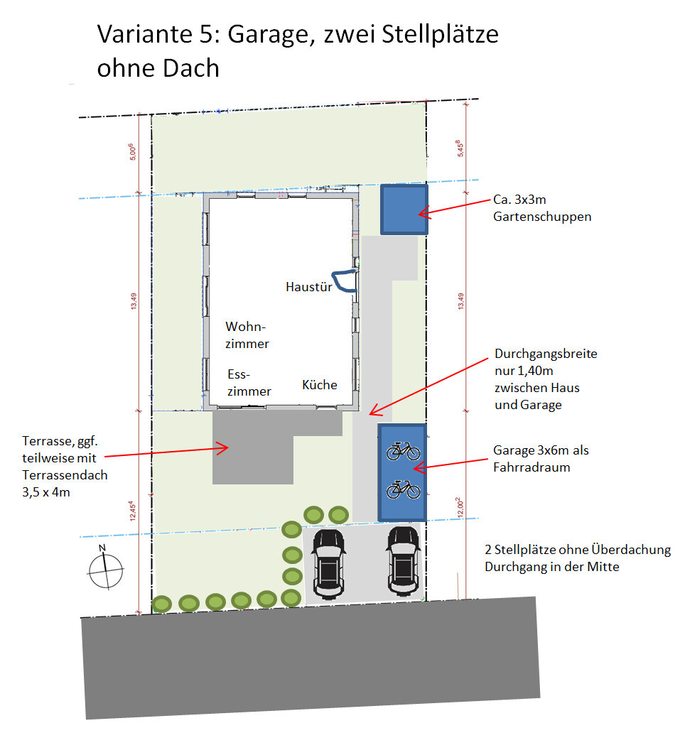 Grundriss: Haus mit Terrasse, zwei Stellplätze, Garage (3x6 m), Fahrradraum und Gartenschuppen.