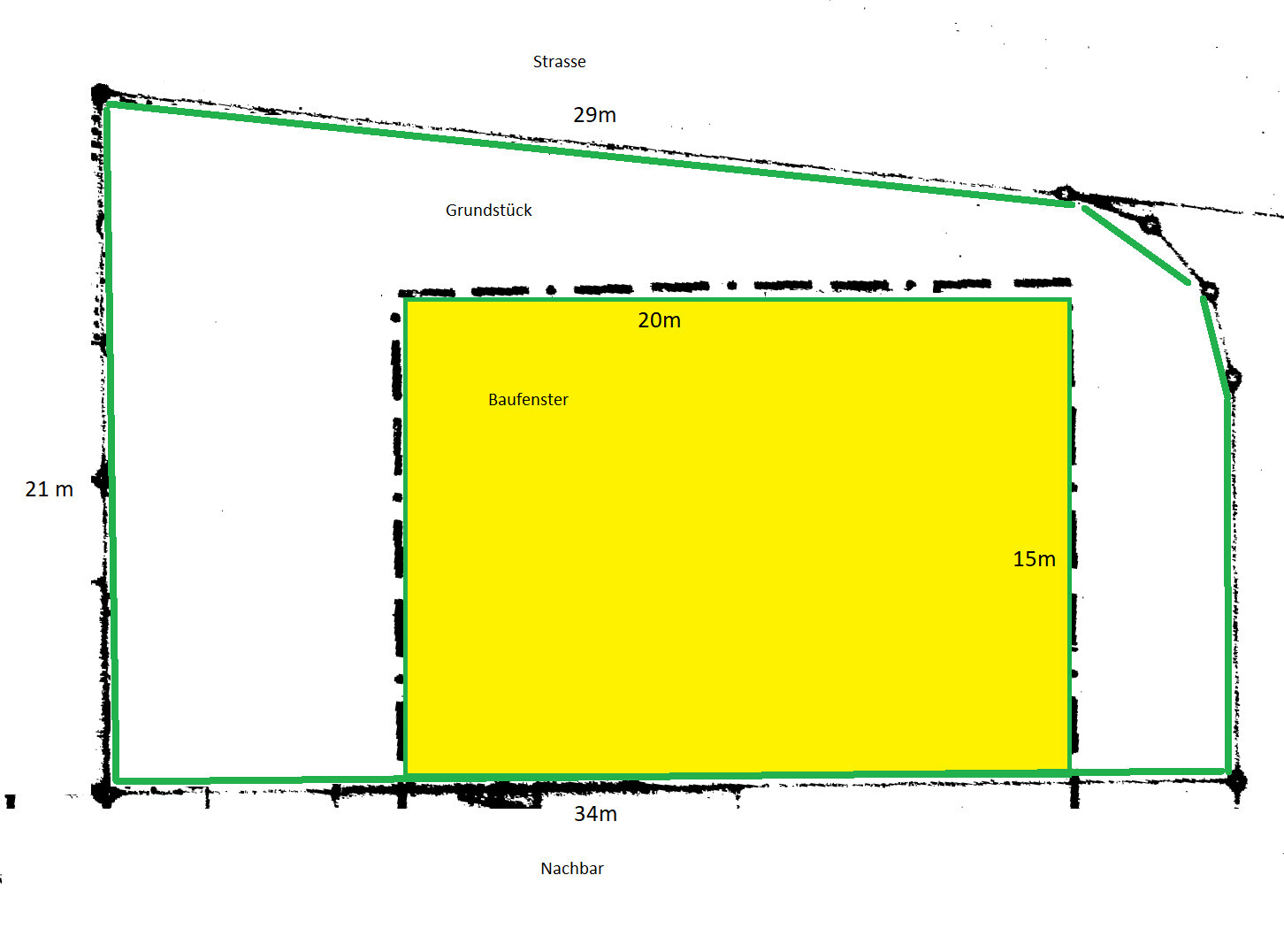 Lageplan eines Grundstücks mit Baufenster und gelbem Hausgrundriss