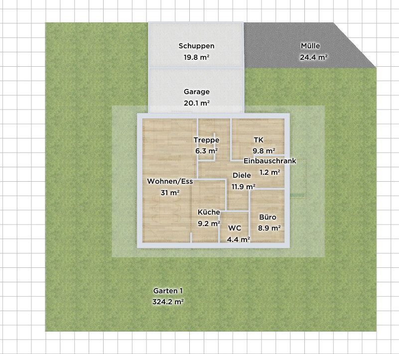 Grundriss eines Hauses mit Innenräumen und Flächenangaben (m²) sowie Gartenanlage.