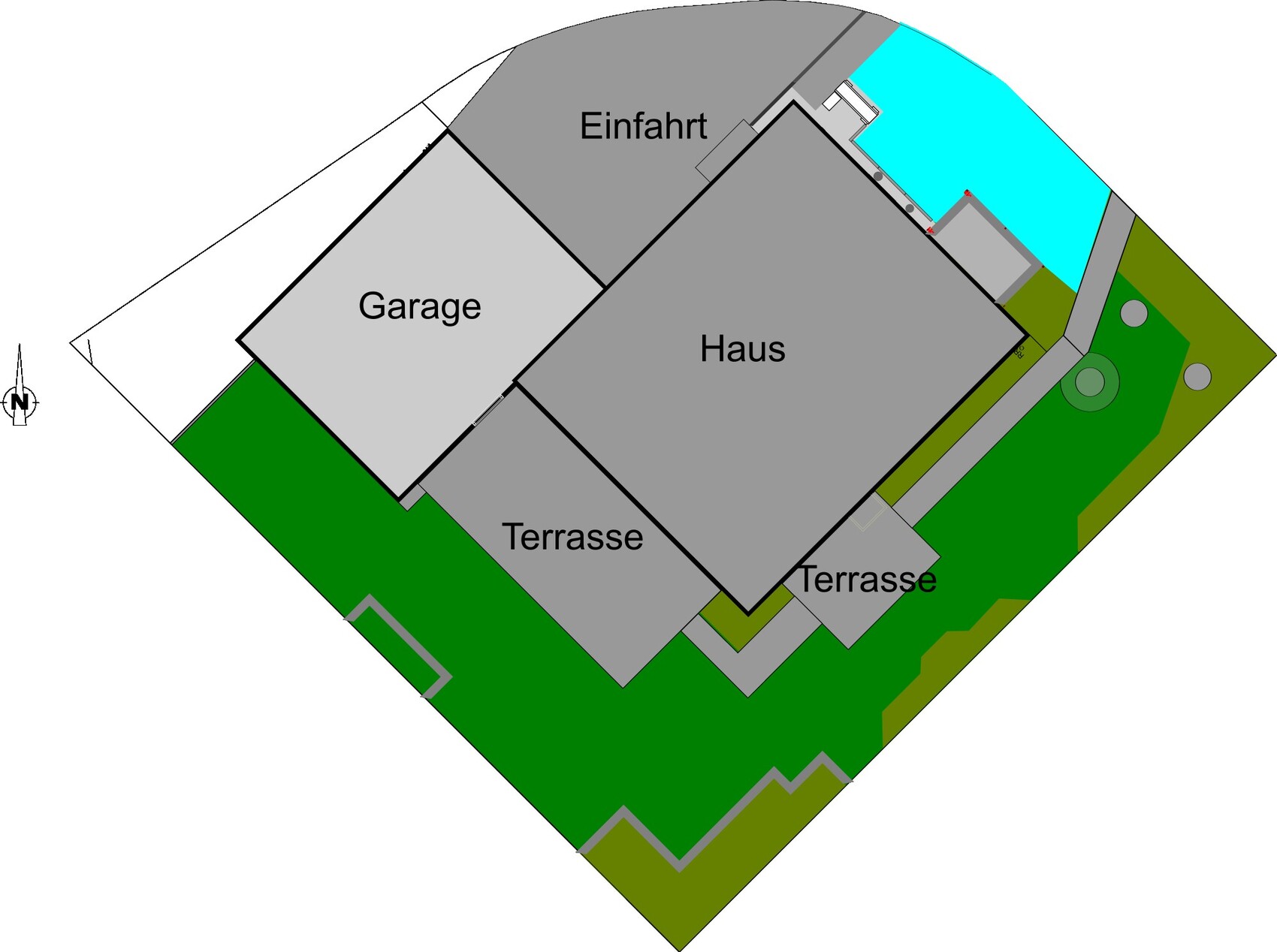 Grundriss eines Hauses mit Garage, zwei Terrassen, Einfahrt, Poolbereich und Garten.