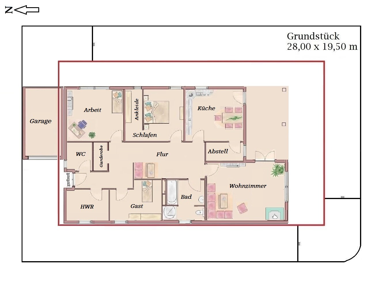 Grundriss eines Hauses mit Wohnzimmer, Küche, Schlafzimmer, Bad, Flur, Gast, Garage.