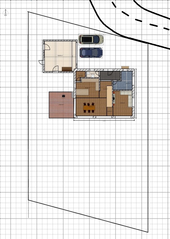 Grundriss eines Hauses auf einem Grundstück mit Parkplatz und Zufahrt.