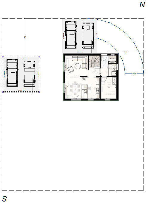 Grundriss und Lageplan eines Grundstücks mit Haus, Parkplätzen und Zufahrt