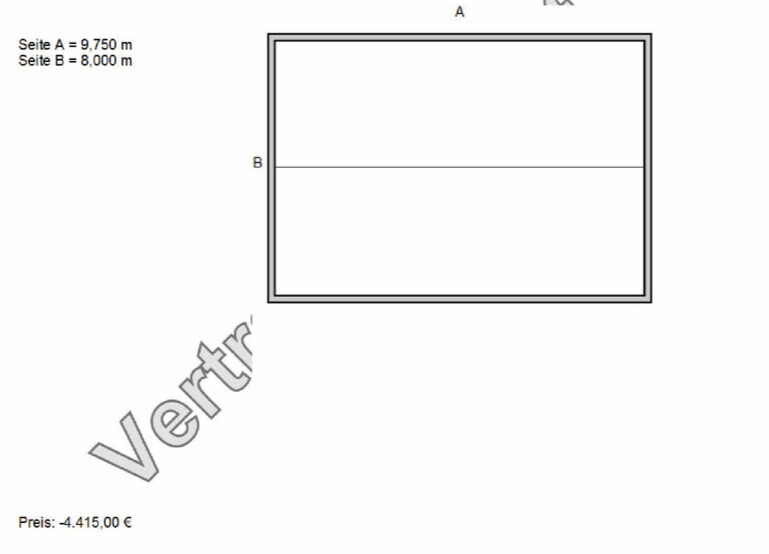Zweidimensionaler Grundriss eines Baugrundstücks mit Abmessungen A und B und Preisangabe