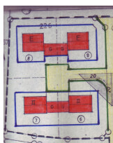 2D-Grundrissplan eines Gebäudes mit rot markierten Bereichen und Beschriftungen