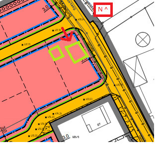 Lageplan eines Baugebiets mit Grundstücksgrenzen, Straßen und Gebäuden.