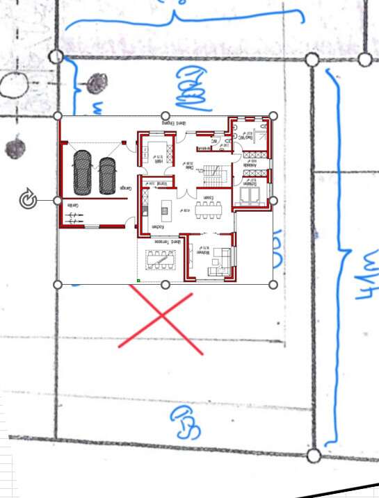 Grundrissplan eines Einfamilienhauses auf dem Grundstück mit Carport und Zufahrt