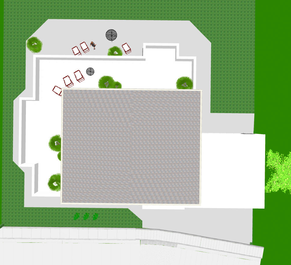 Obenansicht eines Gebäudes mit großem Dach, Terrasse, Garten, Bäumen und Lounge-Stühlen.
