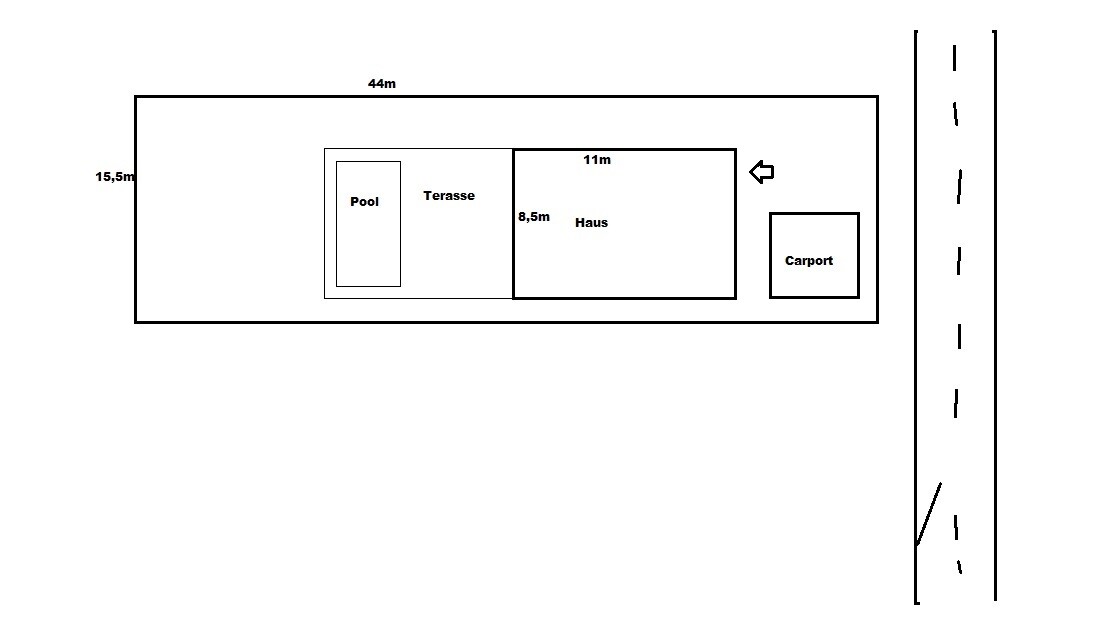 Grundrissplan eines Grundstücks mit Haus, Terrasse, Pool und Carport