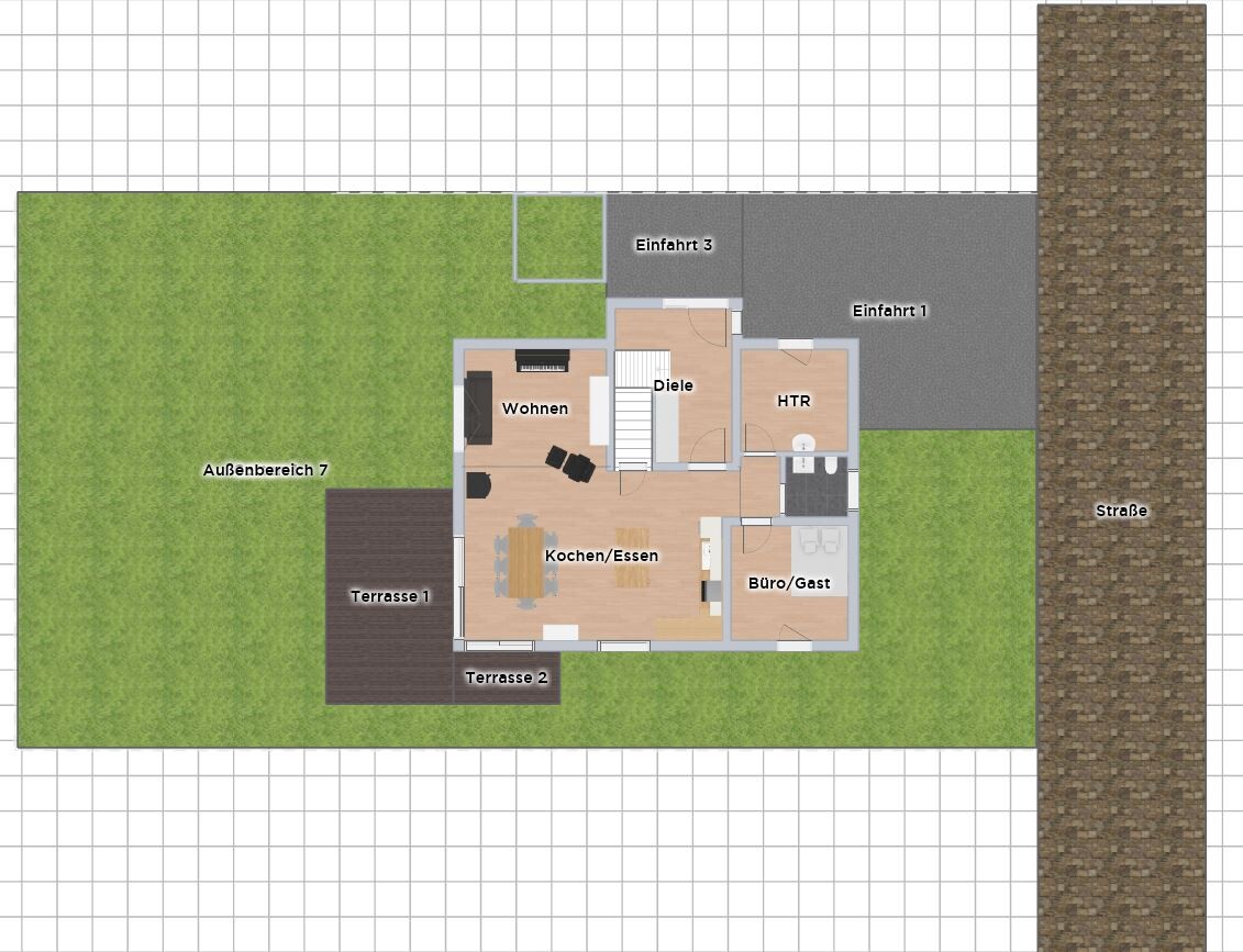 Grundriss eines Hauses: Wohnen, Kochen/Essen, Diele, HTR, Büro/Gast, Terrassen 1/2, Außenbereich 7.