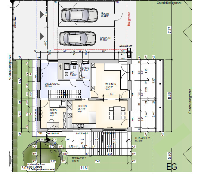 Grundriss eines Hauses mit Garage, Carport, Wohnzimmer, Büro, Terrasse und Garten.