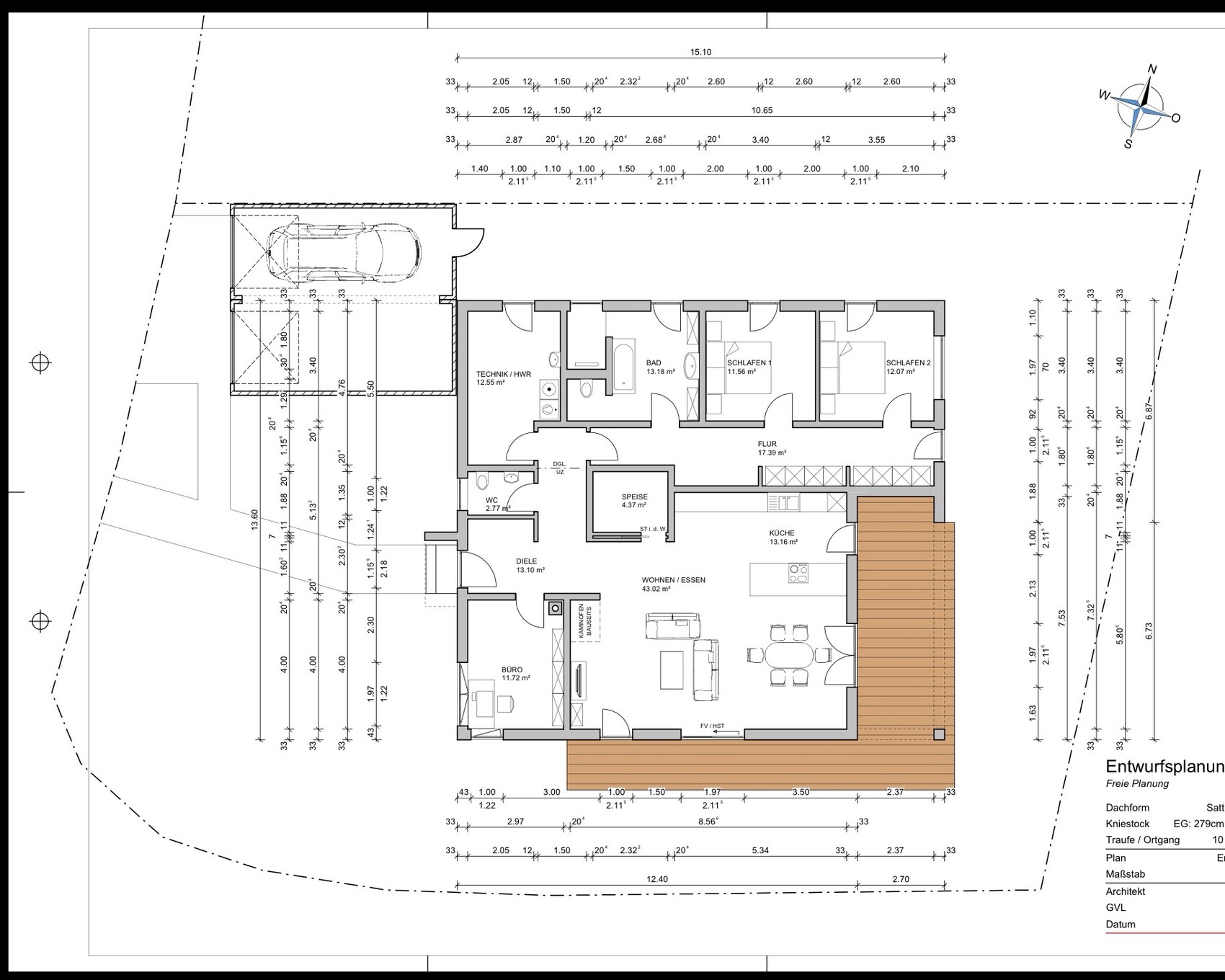 Detaillierter Grundrissplan eines Hauses mit Garage, Küche, Wohnzimmer und Schlafzimmern.