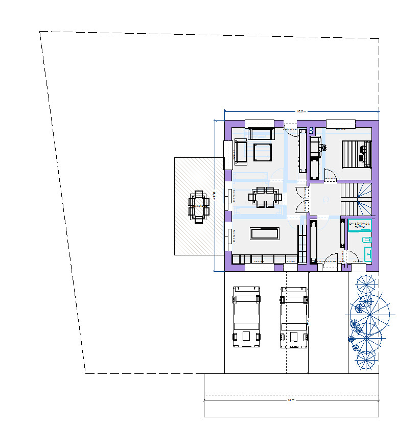 Grundriss eines Hauses mit Terrasse, Wohnzimmer, Kueche, Schlafzimmer und zwei Parkplaetzen.