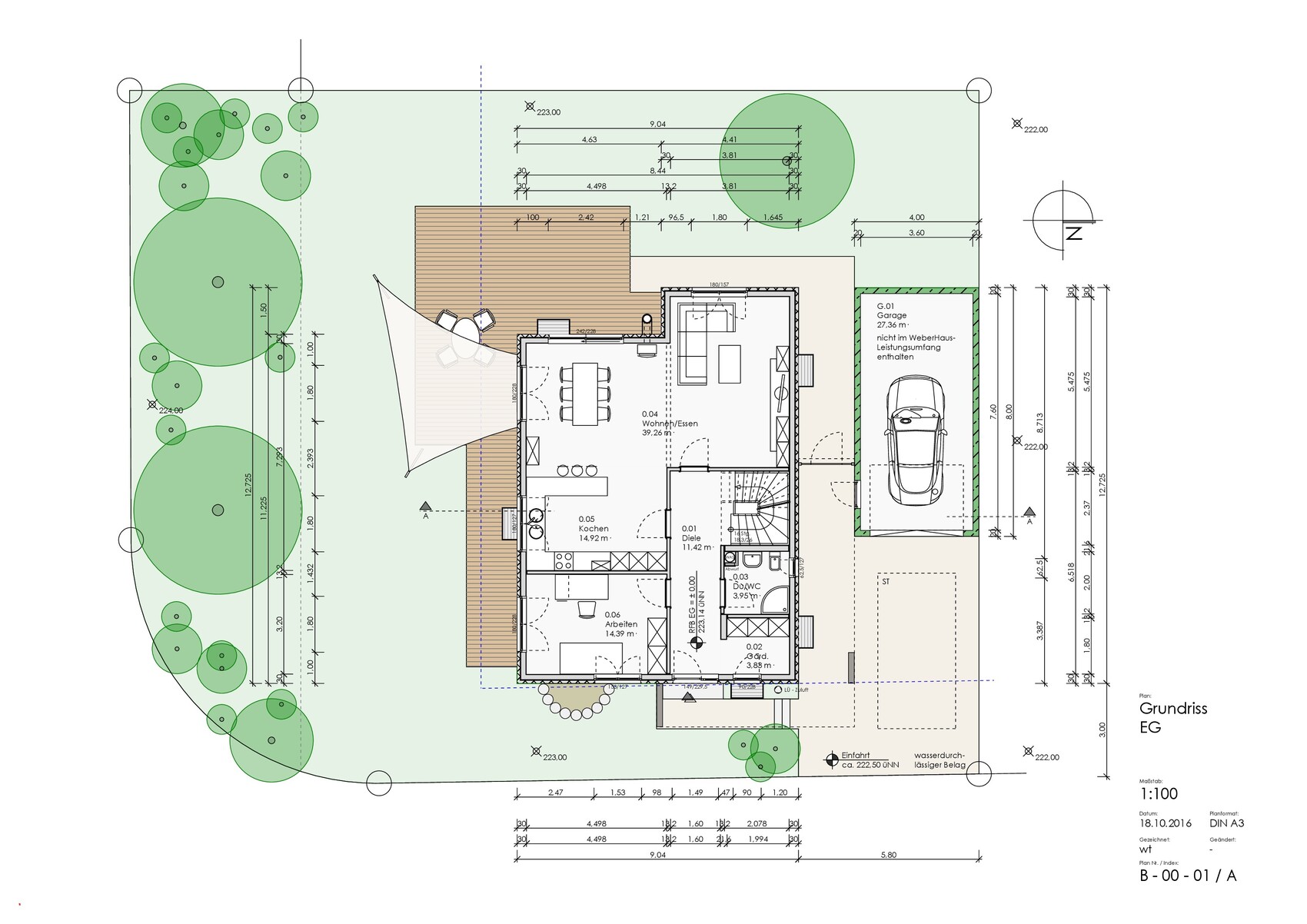 Grundriss EG eines Einfamilienhauses mit Garten, Terrasse und Garage.