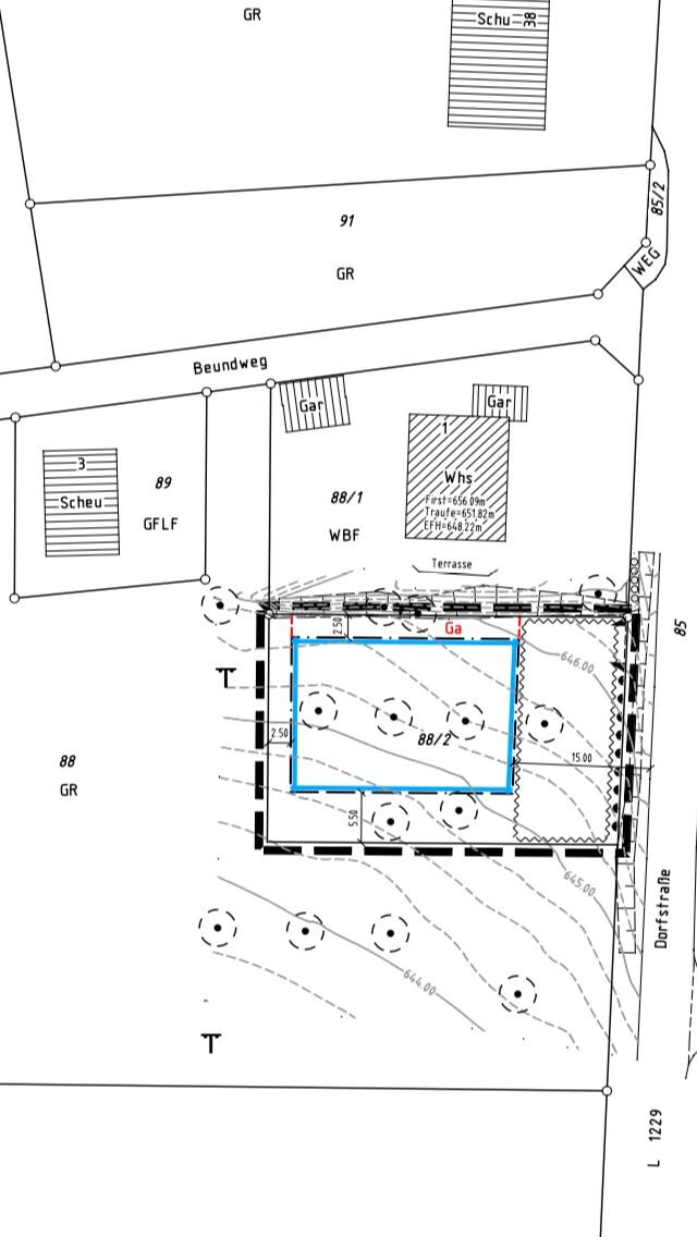 Lageplan eines Baugrundstücks mit blau umrandetem Gebäudebereich und Straßenzugang