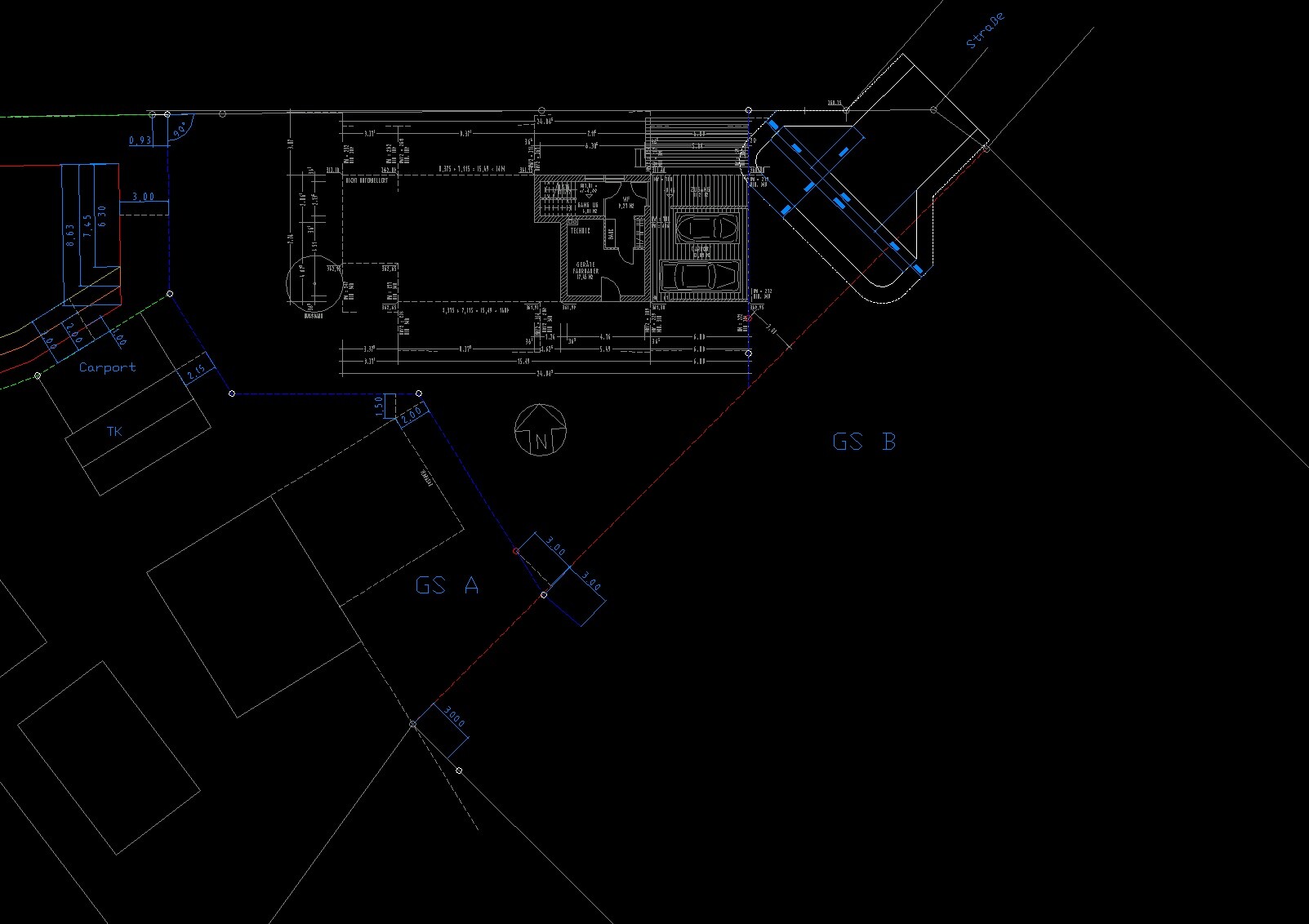 CAD-Grundriss eines Grundstücks mit Carport, Zufahrt und Gebäudestrukturen
