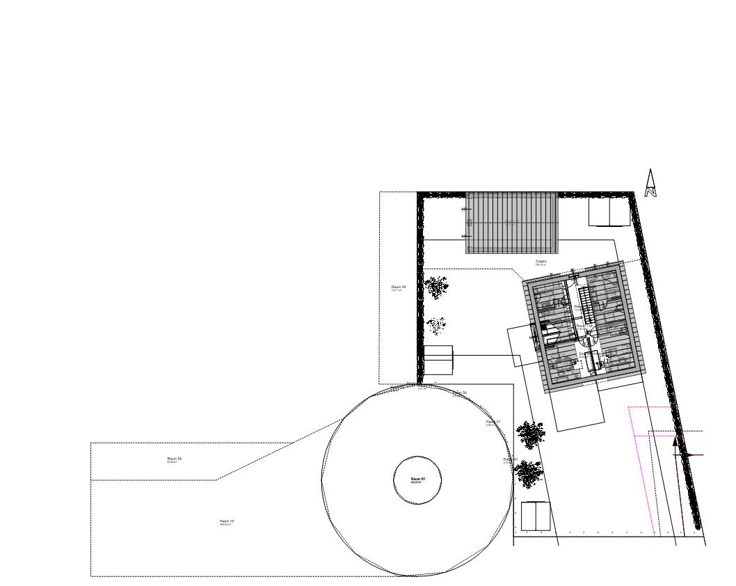 Architektur-Grundriss: großer runder Raum links, rechteckiger Gebäudeteil mit Innenraumaufteilung.