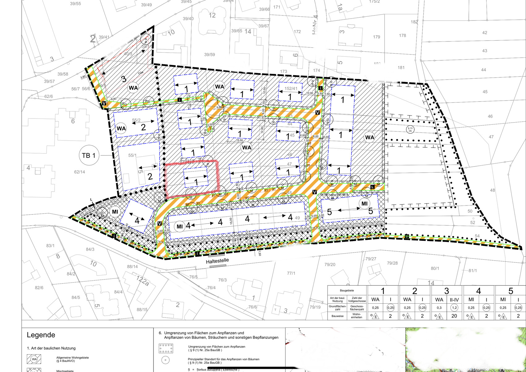 Lageplan eines Baugebiets mit Grundstücksgrenzen, Straßenführung und Baufeldern.