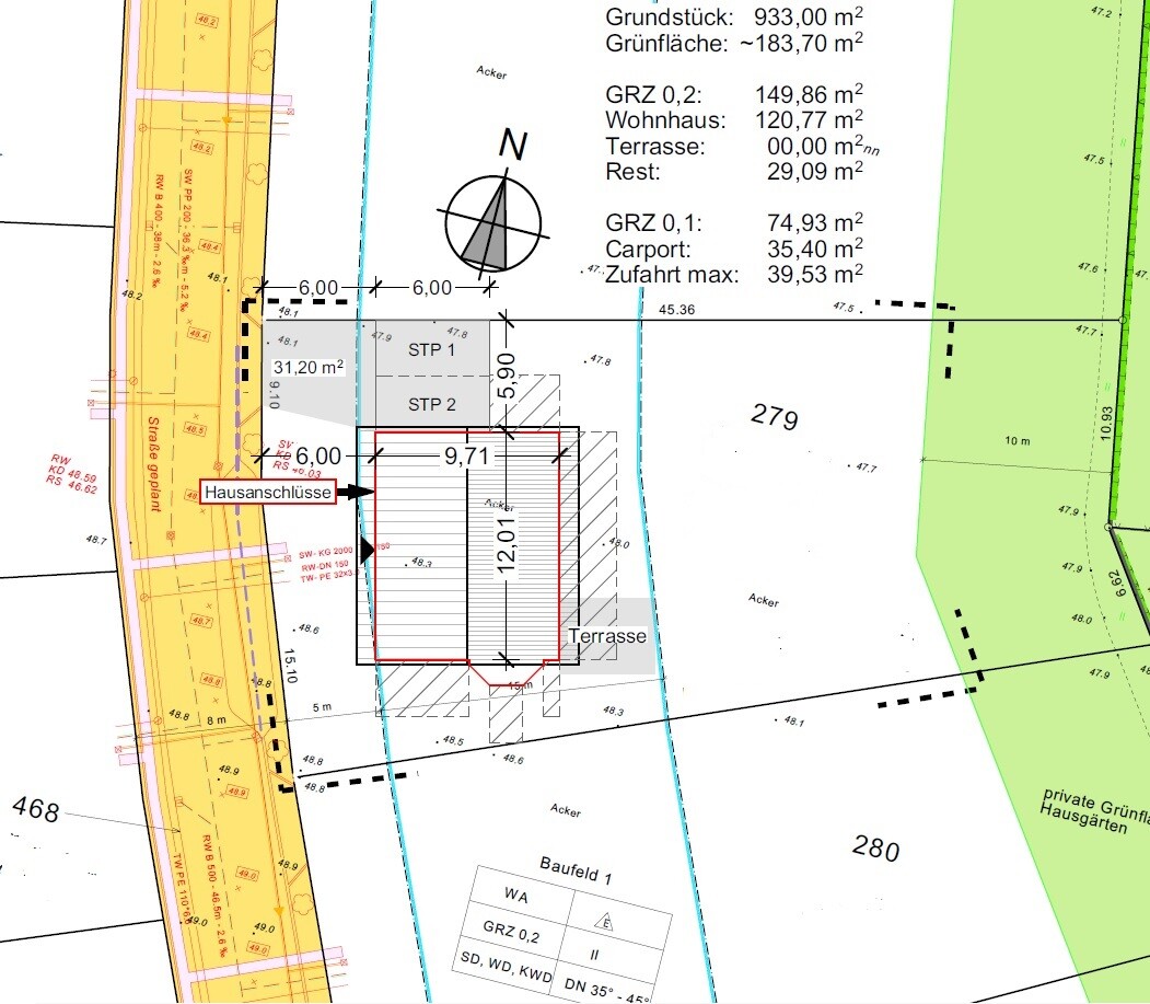 Lageplan eines Grundstücks mit Hausgrundriss, Terrasse und Zufahrt