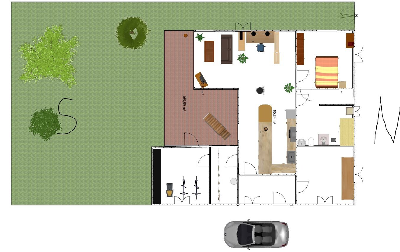 Übersichtlicher Grundriss eines Hauses mit Garten, Terrasse und Parkfläche von oben