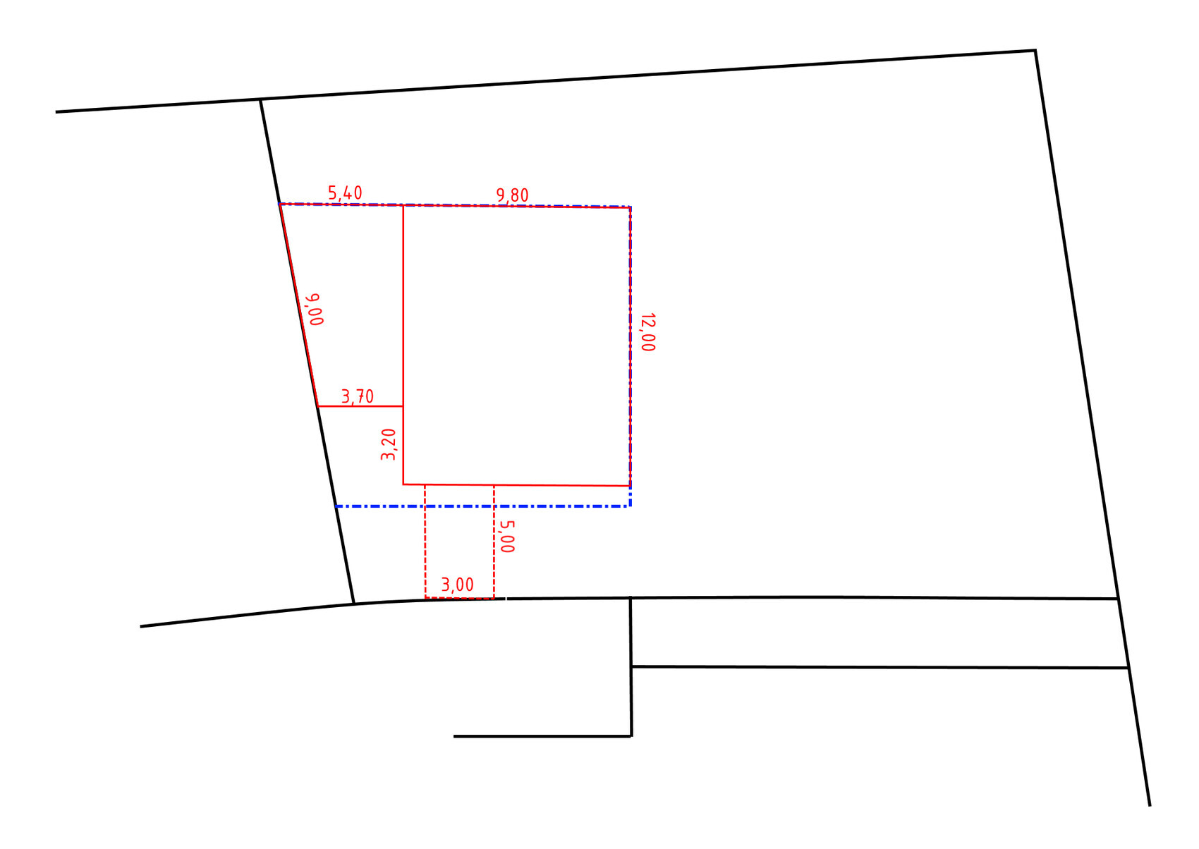 Grundrissplan eines Baugrundstücks mit Innenraumaufteilung und Abmessungen
