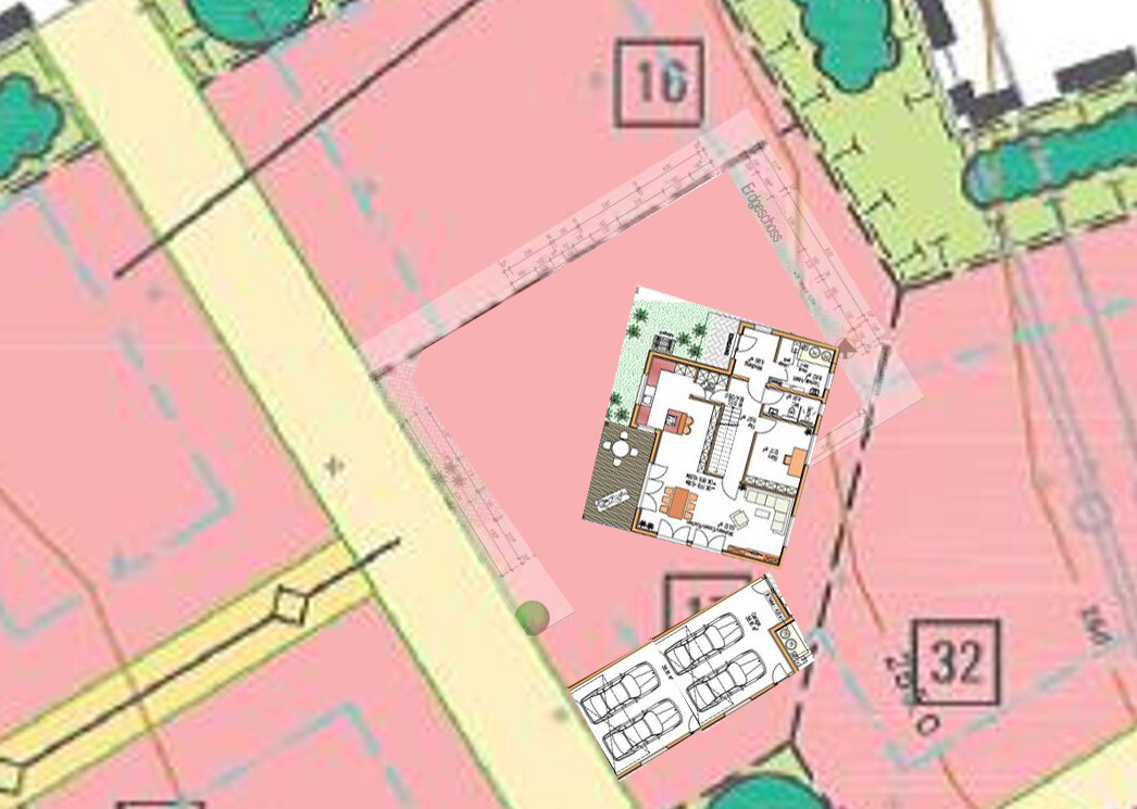 Lageplan eines Grundstücks mit rosa Fläche und überlagertem Wohnungsgrundriss und Garagenlayout.