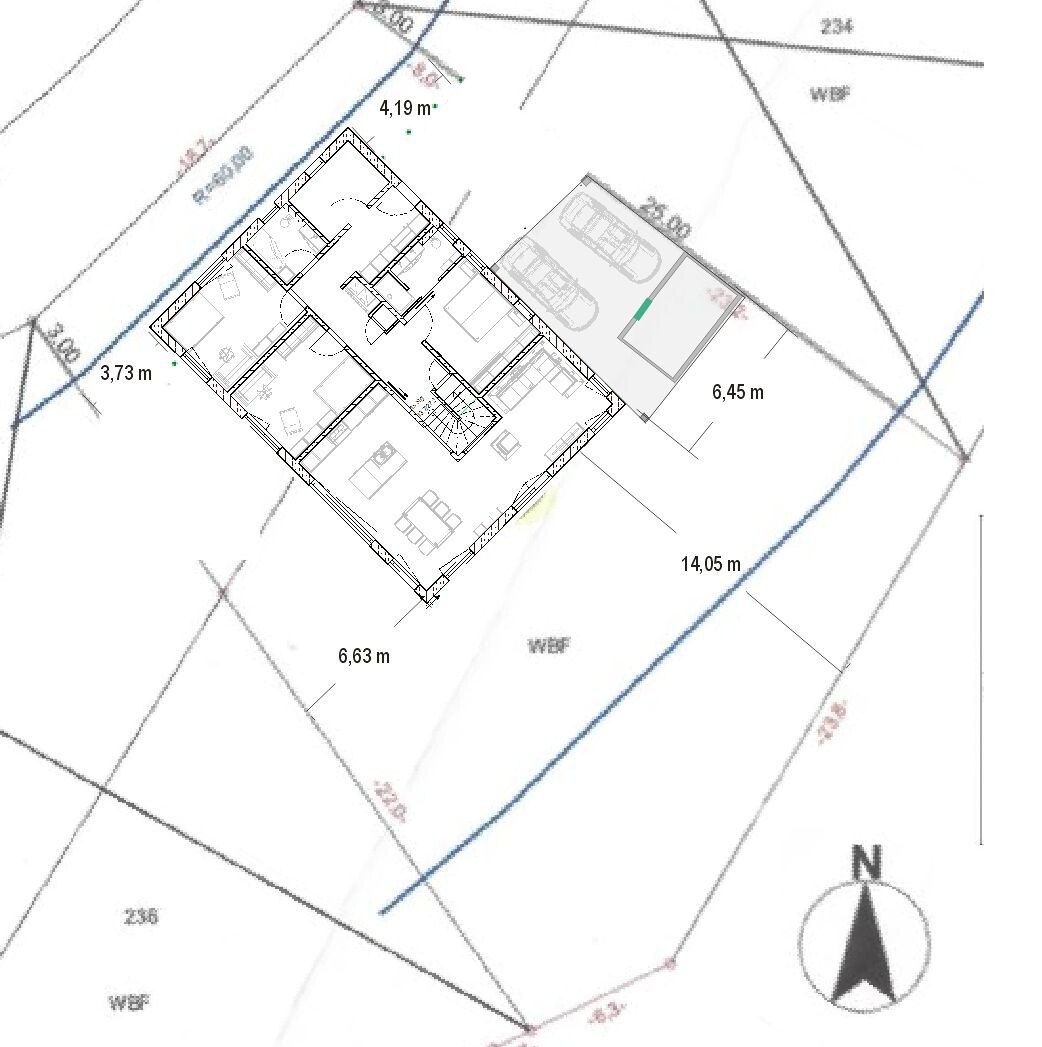 Grundriss eines Hauses mit Doppelgarage auf Grundstück, Maßangaben sichtbar