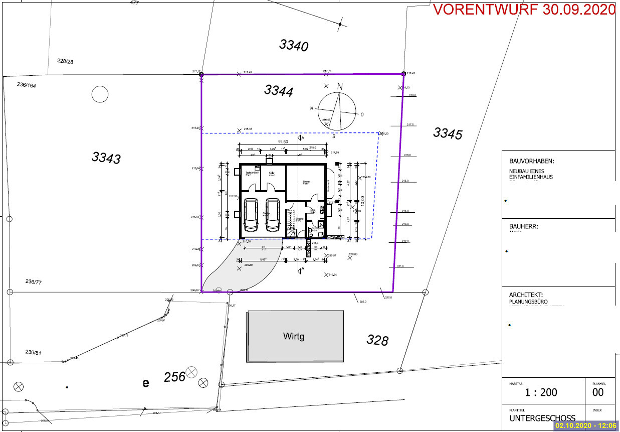 Vorentwurf: Grundstücksplan mit Hausgrundriss, Garage mit Autos und Grenzlinien.
