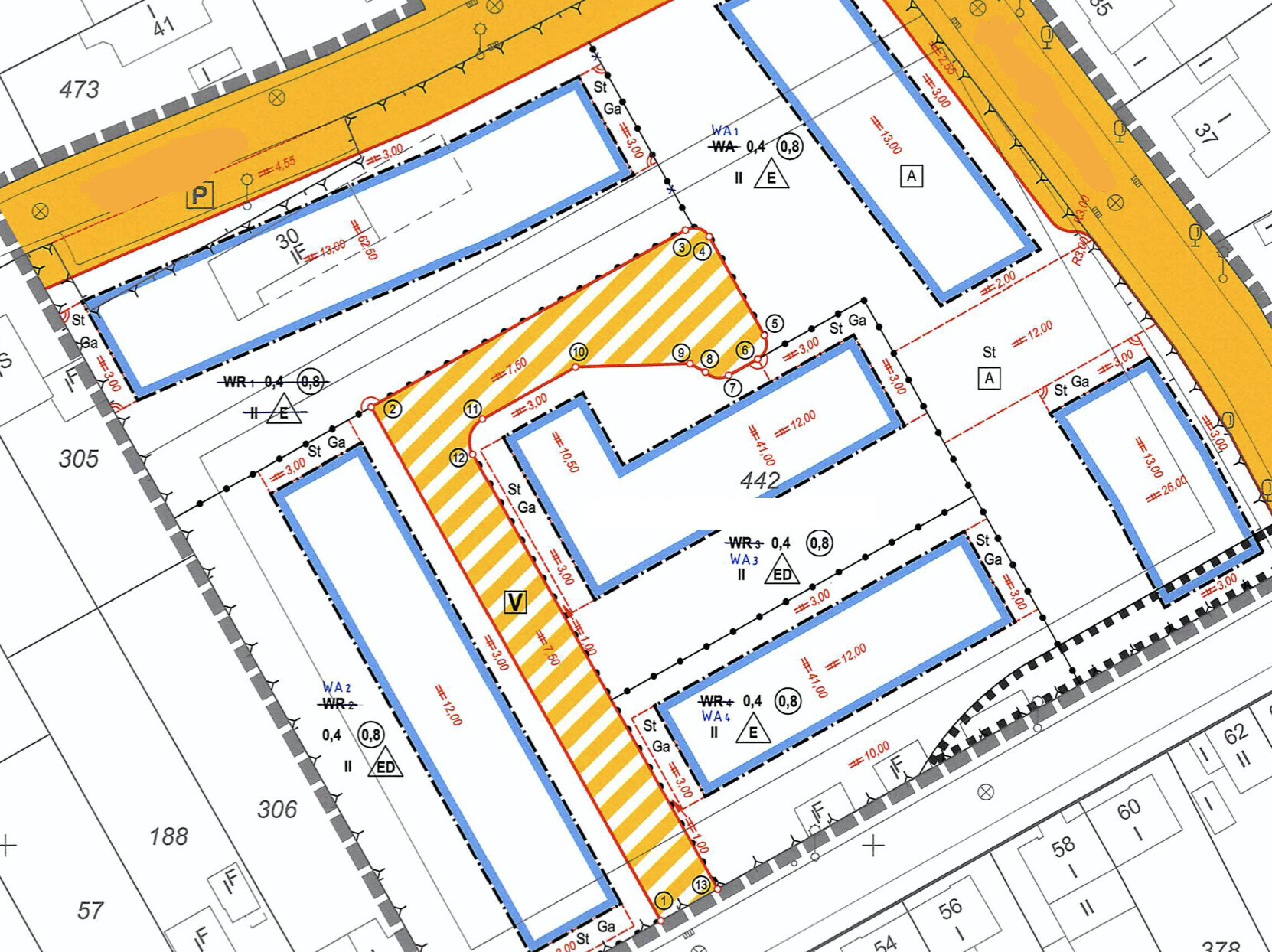 Stadtplan/Baustellenschnitt: Gelb gestreiftes Sperrgebiet, blaue Gebäudeflächen, umlaufende Straßen.