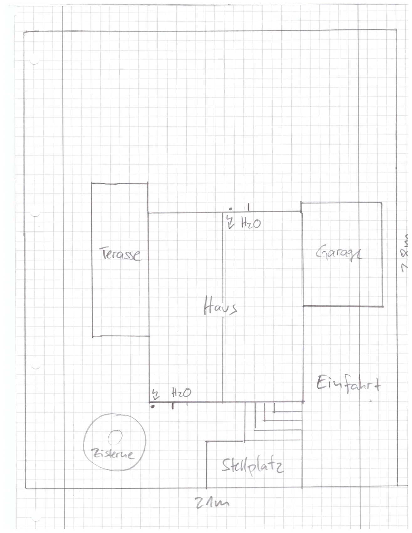 Skizzenhafter Grundriss: Terrasse links, Garage rechts, Eingang unten, Stellplatz davor.