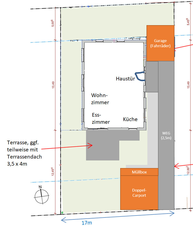 Grundriss eines Hauses mit Wohnzimmer, Küche, Eingang, Garage, Müllbox, Carport und Terrasse
