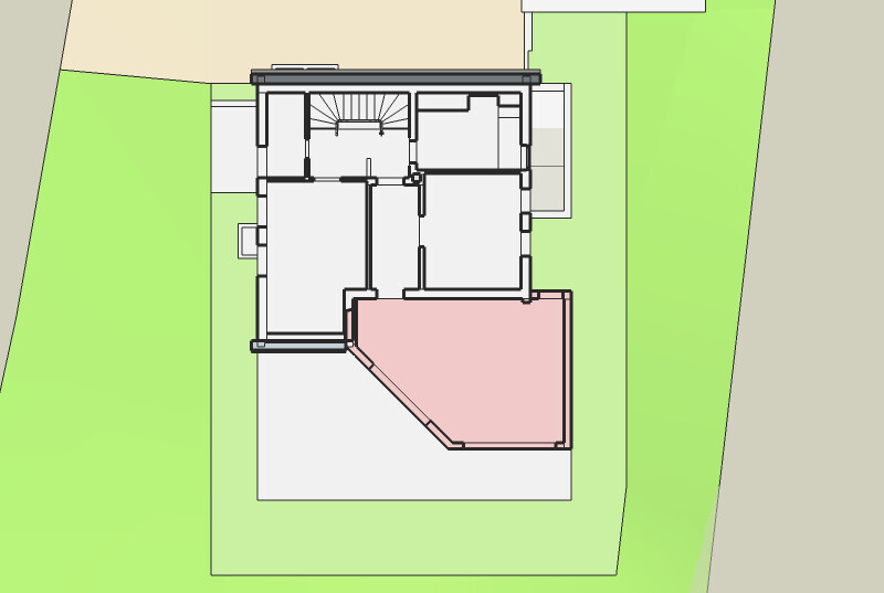 Grundriss eines Hauses: Mehrere Innenräume, pinker Anbau, umliegendes Grün.
