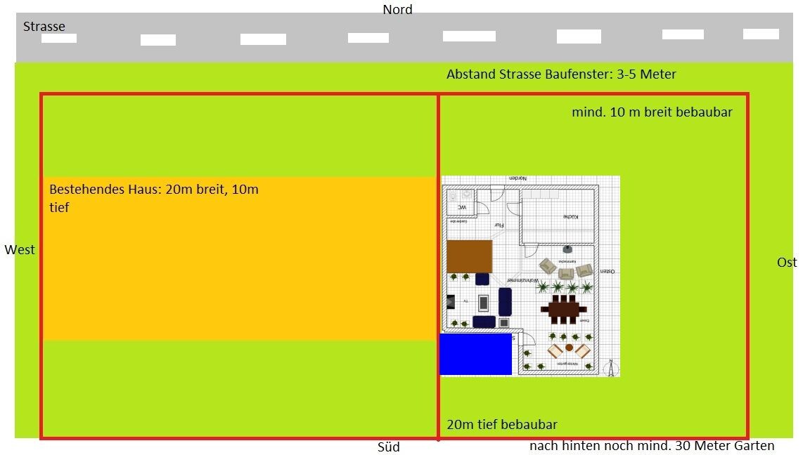 Grundrissplan eines Hauses mit Garten, linkem Wohnbereich in Orange, grüne Umgebung