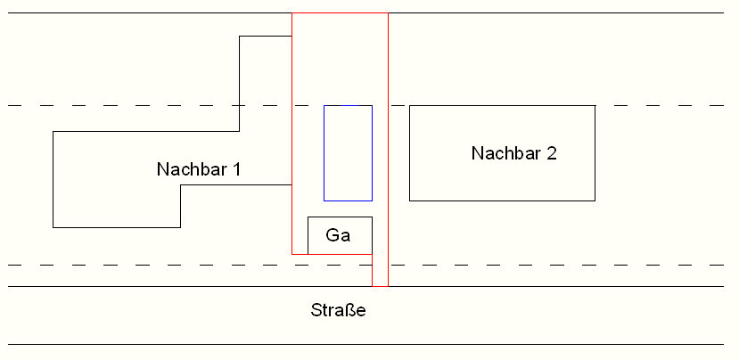 Grundrissplan eines Grundstücks mit Straße, Nachbargrundstücken und Bauzone