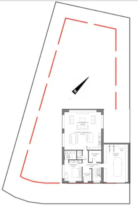 Grundrissplan eines Hauses auf dem Grundstück mit gestrichelter roter Umrandung und Nordpfeil.