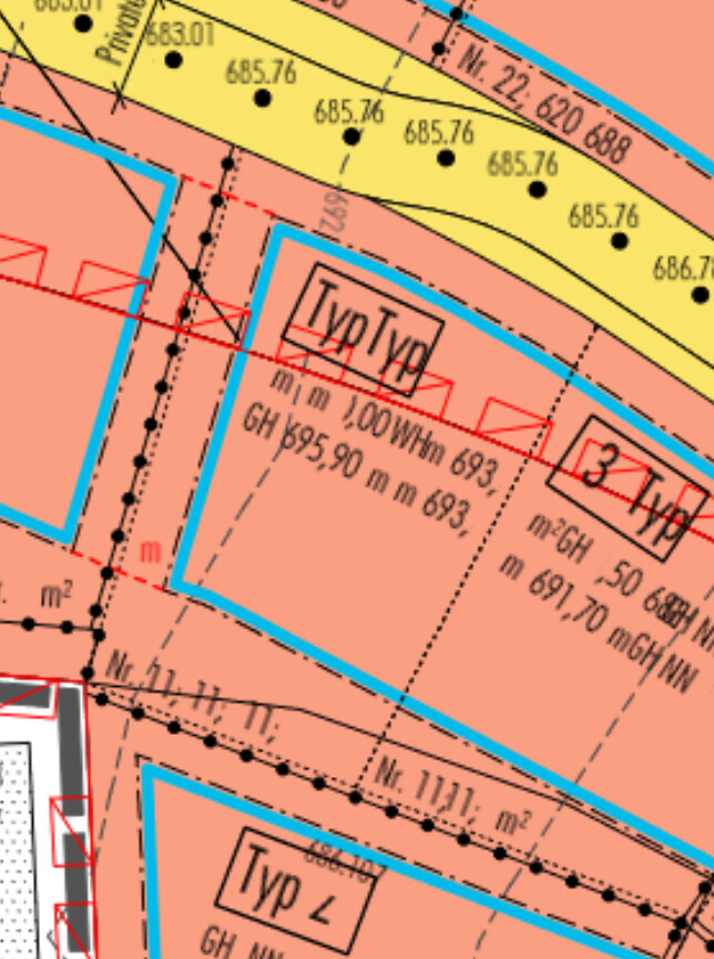 Bau-Lageplan mit gelben und orangenen Zonen, blauen Umrandungen, Typ L