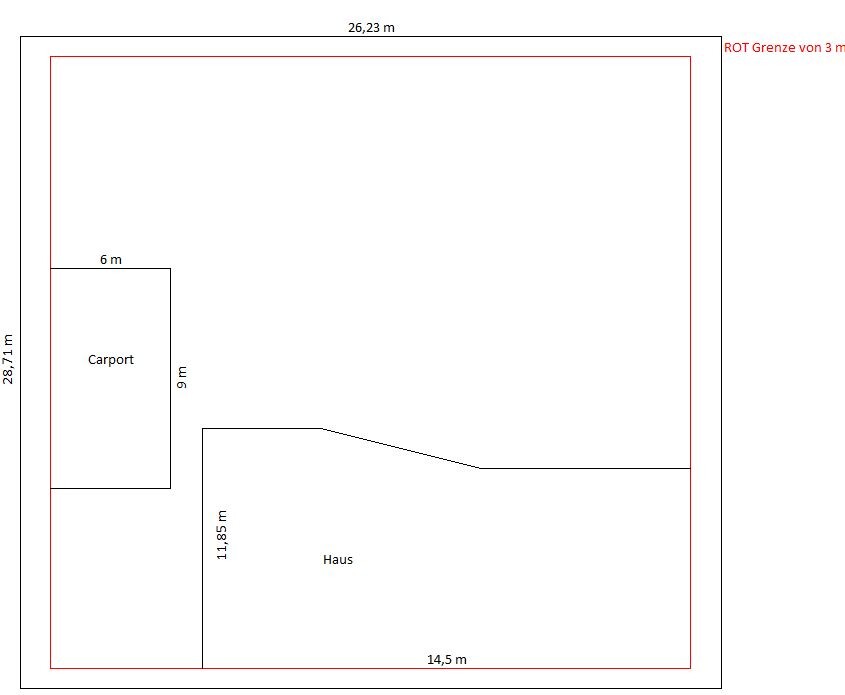 Grundrissplan zeigt Haus mit Carport auf Grundstück, rote Umrandung und Maße